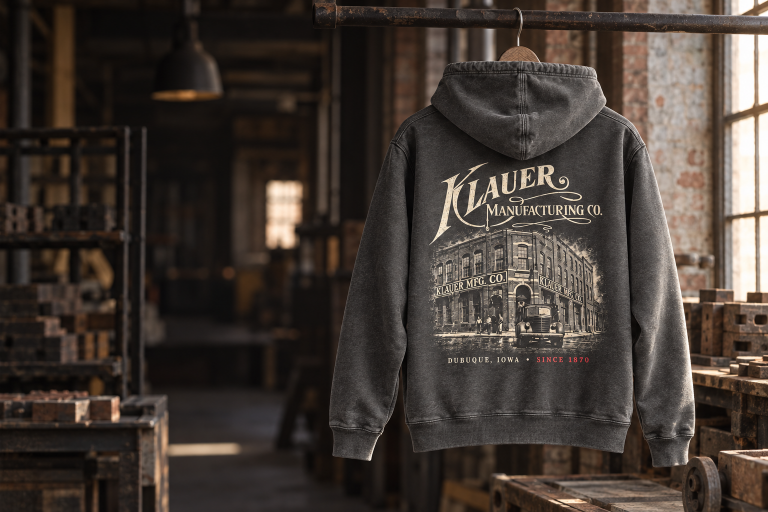 Klauer heritage hoodie in an industrial workshop